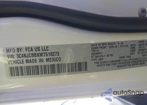 2021 Jeep Compass Latitude Fwd z USA, uszkodzony, nr VIN 3C4NJCBBXMT518273